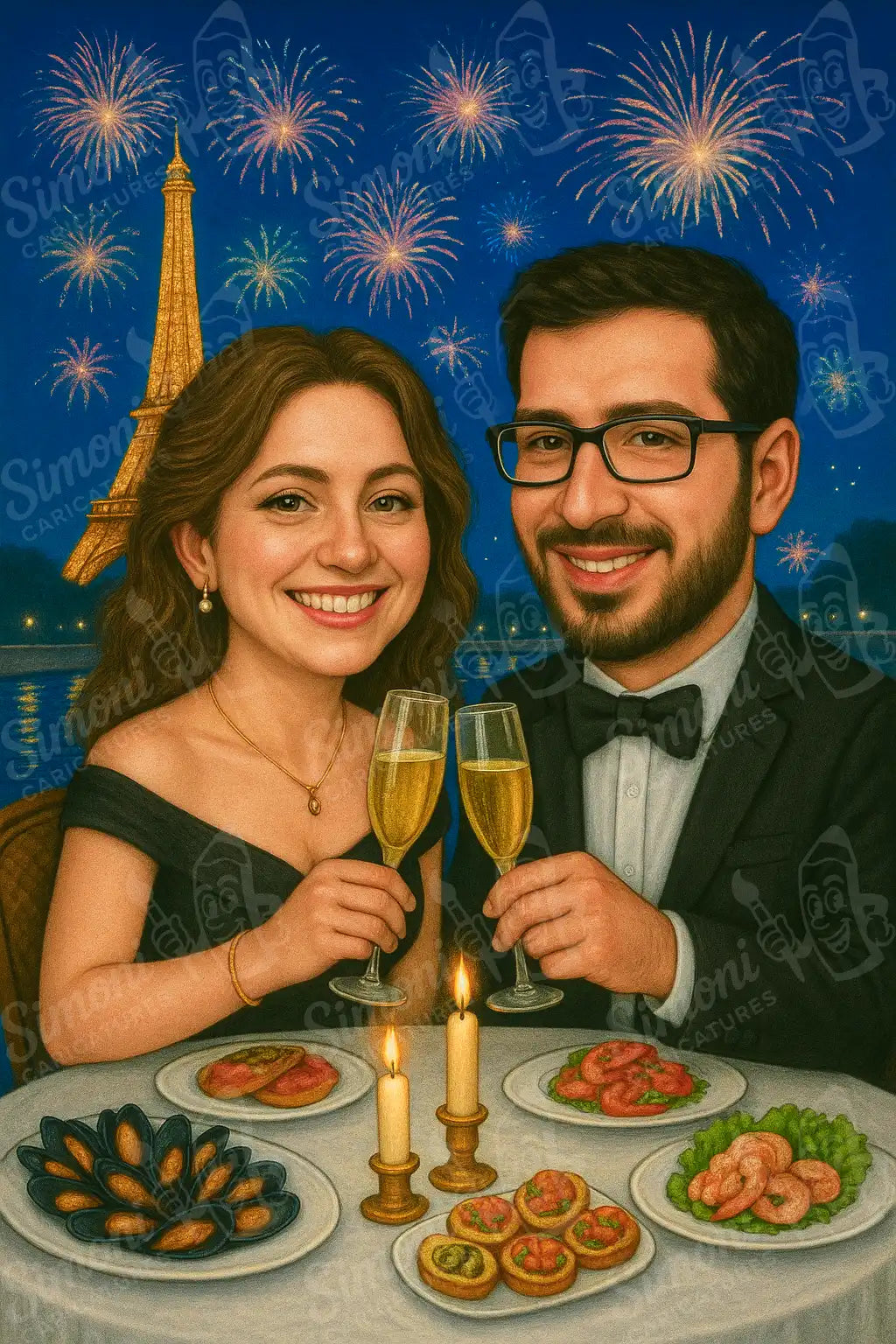 Карикатура на двойка на романтична вечеря с чаша шампанско и фойерверки в Париж, персонализирани подаръци, портрети, Simoni Caricatures.